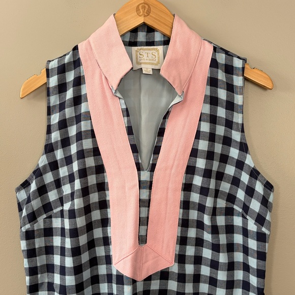 Sail To Sable Gingham Sleeveless Dress Medium Blue Navy Pink Preppy Resort - Picture 4 of 8
